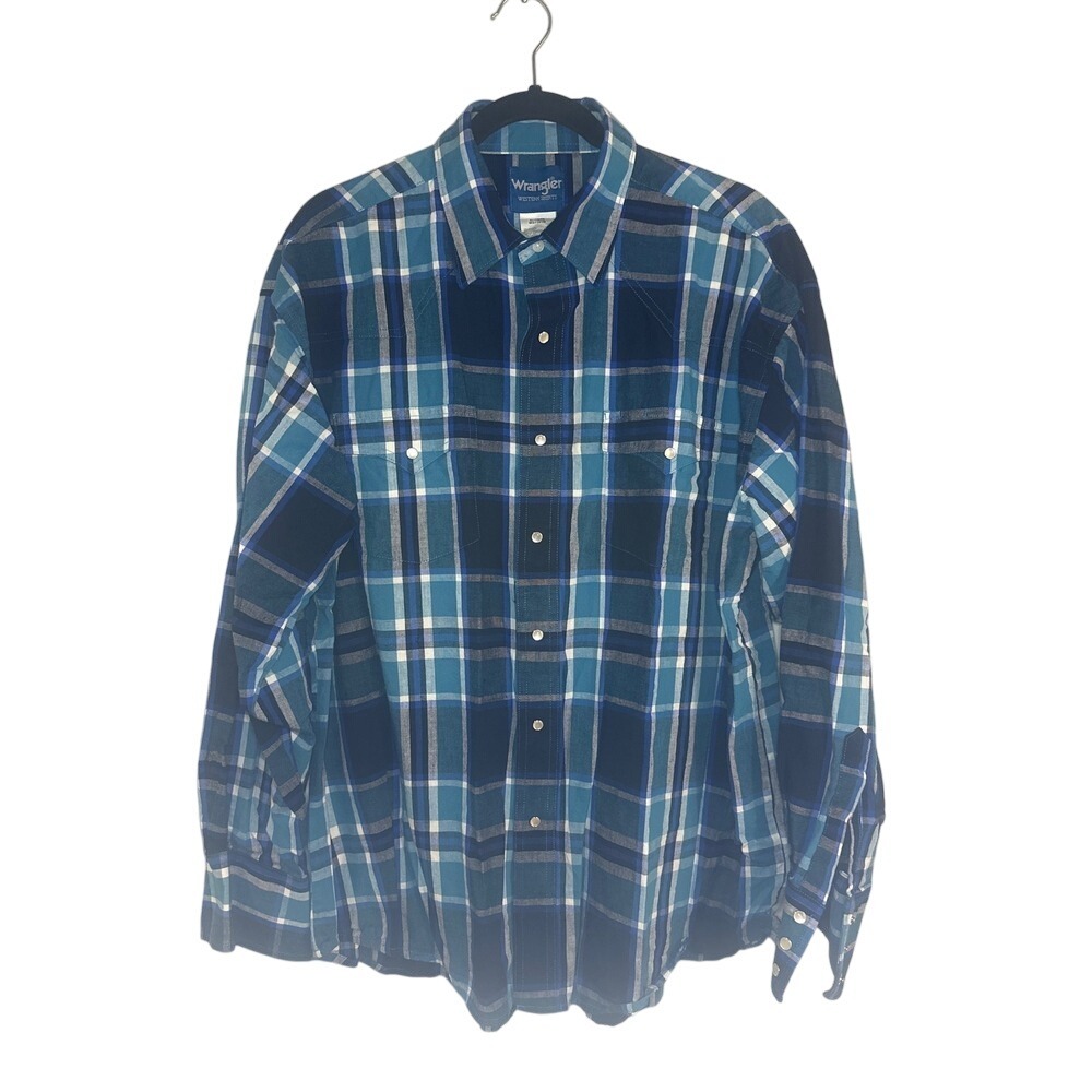 Vintage 90's Wrangler Western Shirt Blue Plaid‎ Pearl Snap Button Down XL